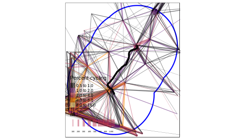Overview of the Lewes-Uckfield line with a 10 km buffer (blue). Width is proportional to the number of commutes.